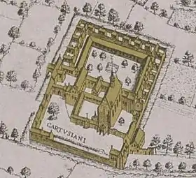 Détail de la carte de Bruges de  Marcus Gerards du XVIe siècle, cloître des Chartreux du Val-de-Grâce, à l'extérieur des murs de la ville.