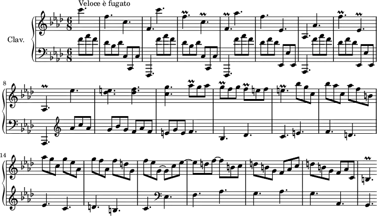 \version "2.18.2"
\header {
  tagline = ##f
}
%% les petites notes
trillB         = { \tag #'print { b4.\prall } \tag #'midi { c32 b c b~ b4 } }
trillC         = { \tag #'print { c4.\prall } \tag #'midi { des32 c des c~ c4 } }
trillCup       = { \tag #'print { c'4.\prall } \tag #'midi { des32 c des c~ c4 } }
trillCdown     = { \tag #'print { c,4.\prall } \tag #'midi { des32 c des c~ c4 } }
trillFdown     = { \tag #'print { f,4.\prall } \tag #'midi { g32 f g f~ f4 } }
trillFup       = { \tag #'print { f'4.\prall } \tag #'midi { g32 f g f~ f4 } }
trillE         = { \tag #'print { e4.\prall } \tag #'midi { f32 e f e~ e4 } }
trillEdown     = { \tag #'print { ees,4.\prall } \tag #'midi { f32 ees f ees~ ees4 } }
trillFdown     = { \tag #'print { f,4.\prall } \tag #'midi { g32 f g f~ f4 } }
trillAesdown   = { \tag #'print { aes,4.\prall } \tag #'midi { bes32 aes bes aes~ aes4 } }
trillAesqUp    = { \tag #'print { aes'8\prall } \tag #'midi { bes32 aes bes aes } }
trillGq        = { \tag #'print { g8\prall } \tag #'midi { aes32 g aes g } }
trillFq        = { \tag #'print { f8\prall } \tag #'midi { g32 f g f } }
upper = \relative c'' {
  \clef treble 
  \key f \minor
  \time 6/8
  \tempo 4. = 98
  \set Staff.midiInstrument = #"harpsichord"
    \partial 4.
    s8*0^\markup{Veloce è fugato}
    c'4. f, c f, c''4. | \trillFdown \trillC \trillFdown | aes'4. |
    % ms. 5
    f4. ees, | aes, aes'4. | \trillFup \trillEdown | \trillAesdown ees''4. | < des e >4. < des f > | 
    % ms. 10
    < c g' >4. \trillAesqUp g8 aes | \trillGq f8 g | \trillFq e8 f | \trillE bes'8 g c, | bes' aes c,  aes' f b, | aes' g c,  g' ees aes, |
    % ms. 15
    g'8 f aes,  f' d g, | f' ees g,~  g c ees~ | ees d f~  f b, c | d8 b g  f aes c | d b g f aes c, | \trillB
}
lower = \relative c' {
  \clef bass
  \key f \minor
  \time 6/8
  \set Staff.midiInstrument = #"harpsichord"
    % **************************************
     \repeat unfold 2 { f8 aes f | des bes des c, c, c' f,,4. } \repeat unfold 2 { f'''8 aes f |
     % ms. 5
     des8 f des ees,, ees' ees, | aes,4. }    \clef treble  aes'''8 c aes  | g bes g f aes f |
     % ms. 10
     e8 g e f4. | bes, des | c e | f d | ees c |
     % ms. 15
     d4. b | c   \clef bass  ees,4. f aes g aes | g aes, | 
     % ms. 20
     g4.
}
thePianoStaff = \new PianoStaff <<
    \set PianoStaff.instrumentName = #"Clav."
    \new Staff = "upper" \upper
    \new Staff = "lower" \lower
  >>
\score {
  \keepWithTag #'print \thePianoStaff
  \layout {
      #(layout-set-staff-size 17)
    \context {
      \Score
     \override SpacingSpanner.common-shortest-duration = #(ly:make-moment 1/2)
      \remove "Metronome_mark_engraver"
    }
  }
}
\score {
  \keepWithTag #'midi \thePianoStaff
  \midi { }
}