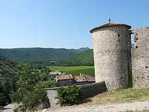 Une tour du château et le paysage avoisinant.