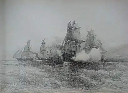 L’escadre cuirassée française escorte le roi du Portugal, dessin au fusain