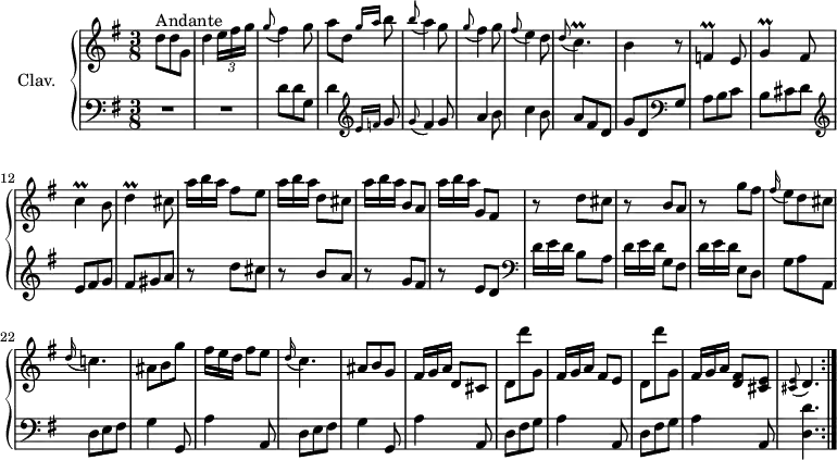 
\version "2.18.2"
\header {
  tagline = ##f
  % composer = "Domenico Scarlatti"
  % opus = "K. 210"
  % meter = "Andante"
}

%% les petites notes
trillCp      = { \tag #'print { c4.\prall } \tag #'midi { d32 c d c~ c4 } }
trillCUp     = { \tag #'print { c'4\prall } \tag #'midi { d32 c d c~ c8 } }
trillG       = { \tag #'print { g4\prall } \tag #'midi { a32 g a g~ g8 } }
trillF       = { \tag #'print { f4\prall } \tag #'midi { g32 f g f~ f8 } }
trillD       = { \tag #'print { d4\prall } \tag #'midi { e32 d e d~ d8 } }

upper = \relative c'' {
  \clef treble 
  \key g \major
  \time 3/8
  \tempo 4. = 50
  \set Staff.midiInstrument = #"harpsichord"
  \override TupletBracket.bracket-visibility = ##f

\repeat volta 2 {
      s8*0^\markup{Andante}
      d8 d g, | d'4 \times 2/3 { e16[ fis g] } | \appoggiatura g8 fis4 g8 | a8 d, \grace {   \tempo 4. = 30 g16 a }   \tempo 4. = 50 b8 | \appoggiatura b8 a4 g8 | \appoggiatura g8 fis4 g8 | \appoggiatura fis8 e4 d8 |
      % ms. 8
      \appoggiatura d8 \trillCp | b4 r8 | \trillF e8 | \trillG fis8 | \trillCUp b8 | \trillD cis8 |   \omit TupletNumber \times 2/3 { a'16[ b a] } fis8 e |
      % ms. 15
      \times 2/3 { a16[ b a] } d,8 cis |  \times 2/3 { a'16[ b a] } b,8 a | \times 2/3 { a'16[ b a] } g,8 fis | r8 d'8 cis | r8 b8 a | r8 g'8 fis
      % ms. 21
      \appoggiatura fis16 e8 d cis| \appoggiatura d16 c!4. | ais8 b g' | \times 2/3 { fis16[ e d] } fis8 e | \appoggiatura d16 c4. | ais8 b g | \times 2/3 { fis16[ g a] } d,8 cis | d8 d'' g,, | \times 2/3 { fis16[ g a] } fis8 e | d8 d'' g,, | \times 2/3 { fis16[ g a] } < d, fis >8 < cis e > |   \tempo 4. = 25 \appoggiatura < cis e >8   \tempo 4. = 40 d4. \tempo 4. = 50 \bar ":|." 
} % reprise
}

lower = \relative c' {
  \clef bass
  \key g \major
  \time 3/8
  \set Staff.midiInstrument = #"harpsichord"
  \override TupletBracket.bracket-visibility = ##f
  \omit TupletNumber

\repeat volta 2 {
    % **************************************
      R4.*2 | d8 d g, | d'4     \clef treble  \grace { e16 f } g8 | \appoggiatura g8 fis4 g8 | a4 b8 | c4 b8 |
      % ms. 8
      a8 fis d | g d    \clef bass  g, | a b c | b cis d |   \clef treble e8 fis g | fis gis a | r8 d cis |
      % ms. 15
      r8 b a | r8 g fis | r8 e d |  \clef bass   \times 2/3 { d16[ e d] } b8 a | \times 2/3 { d16[ e d] } g,8 fis | \times 2/3 { d'16[ e d] } e,8 d | 
      % ms. 
      g8 a a, | \repeat unfold 2 { d e fis | g4 g,8 | a'4 a,8 } | \repeat unfold 2 { d8 fis g | a4 a,8 } | < d d' >4. |
}%reprise

}

thePianoStaff = \new PianoStaff <<
    \set PianoStaff.instrumentName = #"Clav."
    \new Staff = "upper" \upper
    \new Staff = "lower" \lower
  >>

\score {
  \keepWithTag #'print \thePianoStaff
  \layout {
      #(layout-set-staff-size 17)
    \context {
      \Score
     \override SpacingSpanner.common-shortest-duration = #(ly:make-moment 1/2)
      \remove "Metronome_mark_engraver"
    }
  }
}

\score {
  \unfoldRepeats
  \keepWithTag #'midi \thePianoStaff
  \midi { }
}
