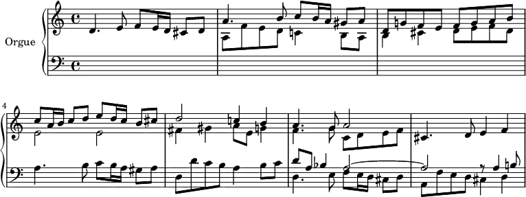 
\version "2.18.2"
\header {
  tagline = ##f
}
upper = \relative c' {
  \clef treble 
  \key c \major
  \time 4/4
  \tempo 4 = 70
  \tempo "Presto"
    \set Staff.midiInstrument = #"recorder"

   %%% Dopo l'Epistola (Canzon)
   d4. e8 f8 e16 d cis8 d
   << { a'4. b8 c8 b16 a gis8 a } \\ { a,8 f' e d c!4 b8 a } >>
   << { d8 g! f e f g a b } \\ { b,4 cis d8 e f d } >>
   %% ms 4
   << { c'8 a16 b c8 d e d16 c b8 cis } \\ { e,2 e } >>
   << { d'2 c!4 b } \\ { fis4 gis a8 e g!4 } >>
   << { a4. g8 a2 } \\ { f4. g8 c, d e f } >> 
   cis4. d8 e4 f
}

lower = \relative c {
  \clef bass
  \key c \major
  \time 4/4
    \set Staff.midiInstrument = #"recorder"

  s1*3 a'4. b8 c8 b16 a gis8 a d, d' c b a4 b8 c
  << { d8 a bes4 a2~ } \\ { d,4. e8 f8 e16 d cis8 d } >>
  << { a'2 r8 a4 b!8 } \\ { a,8 f' e d cis4 d } >>

} 

\score {
  \new PianoStaff <<
    \set PianoStaff.instrumentName = #"Orgue"
    \new Staff = "upper" \upper
    \new Staff = "lower" \lower
  >>
  \layout {
    \context {
      \Score
      \remove "Metronome_mark_engraver"
    }
  }
  \midi { }
}
