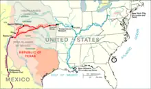 Tracé de la piste de Santa Fe (en rouge) en 1845.