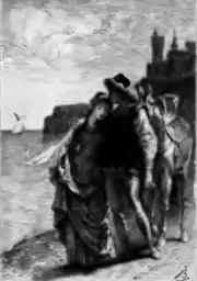 Dessin en noir et blanc d'un couple enlacé sur une plage.