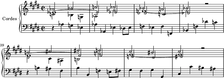 \version "2.14.2"
\header {
tagline = ##f
}
upper = \relative c'' {
\clef treble
\key e \major
\time 2/2
\tempo "Presto"
\override TupletBracket #'bracket-visibility = ##f
\set Score.currentBarNumber = #35
%\autoBea mOff
\set Staff.midiInstrument = #"string ensemble 1"
%%%%%%%%%%%%%%%%%%%%%%%%%% AB 7-4 th2
<< { aes2 bes c! ces bes a! bes r2 } \\ { c,!2 bes4 g! aes2 ges' f!1~ f2 } \\ { ees1~ ees2 ees des c! des r2 } >>
<< { b'! cis! dis! d! cis bis cis r2 } \\ { dis,2 cis4 ais b!2 a'!2 gis1~ gis } \\ { fis1~ fis2 fis e! dis eis } >>
}
lower = \relative c' {
\clef bass
\key e \major
\time 2/2
\set Staff.midiInstrument = #"pizzicato strings"
r4 aes4 g! ees aes aes, ees' des8 ees f!4 ees f f,
% ms 38
bes f'! des' c! r4 b!4 ais fis b b, f' e!8 fis gis4 fis gis gis, cis cis' bis ais
}
\score {
\new PianoStaff <<
\set PianoStaff.instrumentName = #"Cordes"
\new Staff = "upper" \upper
\new Staff = "lower" \lower
>>
\layout {
\context {
\Score
\remove "Metronome_mark_engraver"
}
}
\midi { }
}
