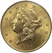Pièce de monnaie en or représentant le profil gauche d'une femme portant un bonnet avec l'inscription LIBERTY et entourée de 13 étoiles. L'inscription 1904 en bas de la pièce.