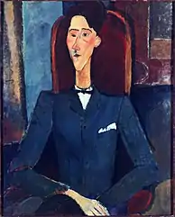 Peinture à mi-corps d'un homme aux traits aigus, assis en costume bleu