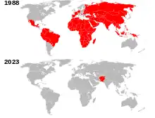 En 1988, avant que l'Organisation mondiale de la santé ne décide d'éradiquer la poliomyélite, elle était endémique dans 175 pays et territoires différents. En 2023, elle n'était endémique que dans deux pays : l'Afghanistan et le Pakistan.