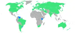 Carte du monde des nations participant aux Jeux indiquées en vert et en bleu.