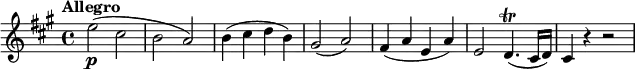 \relative c'' {
  \version "2.18.2"
  \key a \major
  \time 4/4
  \tempo "Allegro"
  \tempo 4 = 130
  e2\p (cis b a)
  b4 (cis d b)
  gis2 (a)
  fis4 (a e a)
  e2 d4.\trill (cis16 d)
  cis4 r r2 
}