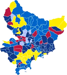 Nuance politique des candidats arrivés en tête dans chaque commune au 1er tour.