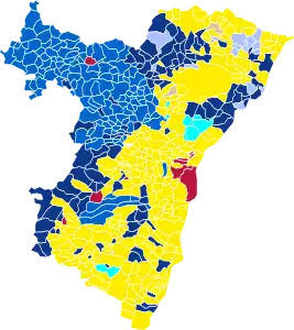 Nuance politique des candidats arrivés en tête dans chaque commune au 1er tour.