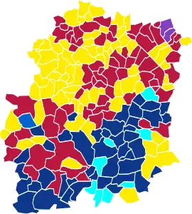 Nuance politique des candidats arrivés en tête dans chaque commune au 1er tour.