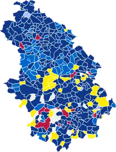 Nuance politique des candidats arrivés en tête dans chaque commune au 1er tour.
