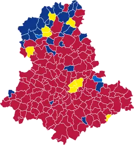 Nuance politique des candidats arrivés en tête dans chaque commune au 1er tour.