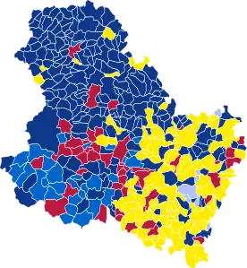 Nuance politique des candidats arrivés en tête dans chaque commune au 1er tour.