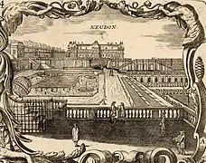 Vue gravée de Meudon vers 1700, avec le Globe de marbre sur la gauche.