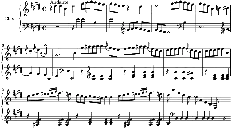 
\version "2.18.2"
\header {
  tagline = ##f
}

%% les petites notes
trillAappo    = { \tag #'print { \appoggiatura b4 a2\prall } \tag #'midi { b16 a16  a32 b a b  a16~ a8. } }
graceFisq     = { \tag #'print { \grace { eis16( fis16 gis } fis4.) } \tag #'midi { eis32 fis gis fis~ fis4 } }

upper = \relative c'' {
  \clef treble 
  \key e \major
  \time 2/2
  \tempo 4 = 110
  \set Staff.midiInstrument = #"harpsichord"
  \override TupletBracket.bracket-visibility = ##f

     r4^\markup{Andante} e4 e b | e2 \times 2/3 { gis8 a b } \omit TupletNumber \times 2/3 { a[ gis fis] } | \times 2/3 { gis8 fis e } e4 r4 dis4 | e2 \times 2/3 { gis8 a b } \times 2/3 { a[ gis fis] } |
     % ms. 5
     \times 2/3 { gis8 fis e } b4 c cis | \appoggiatura e8 dis4  \appoggiatura fis8 e4  \trillAappo  | gis2. b4 | gis'8 ais ais b b4 \times 2/3 { \appoggiatura ais16 gis8 fis e } | 
     % ms. 9
     fis8 gis gis ais ais4 \times 2/3 { \appoggiatura gis16 fis8 e dis } | e8 fis fis gis gis4 \times 2/3 { \appoggiatura fis16 e8 dis cis } | dis8 e e fis fis4 b, | cis8 dis e eis \graceFisq e8 | 
     % ms. 13
     \times 2/3 { dis8 cis b } \times 2/3 { cis8[ b ais] } b4 b | cis8 dis e eis \graceFisq  e8 | dis8 b'4 fis dis b8~ | b fis4 dis b fis8 | s2

}

lower = \relative c' {
  \clef bass
  \key e \major
  \time 2/2
  \set Staff.midiInstrument = #"harpsichord"
  \override TupletBracket.bracket-visibility = ##f

    % **************************************
      R1 | r4 e4 e b | e2 \clef treble \omit TupletNumber \times 2/3 { gis8 a b } \times 2/3 { a[ gis fis] } | \times 2/3 { gis8 fis e } e2 \clef bass  b4 | 
      % ms. 5
      e,2. \clef treble a'4~ | a gis fis b, | e  \clef bass e,4   \tempo 4 = 92  e,2 | \tempo 4 = 110 r4 \clef treble  < e'' b >4 q q |
      % ms. 9
      r4  < dis fis b >4 q q | r4  < cis b' >4 q < cis ais' > | \repeat unfold 2 { r4  < b dis fis >4 q q | r4  < ais e' fis >4 q q } |  
      % ms. 15
      b4 \clef bass b,4 b b | b \tempo 4 = 100 b \tempo 4 = 96 b \tempo 4 = 94 b | \tempo 4 = 90 b2

}

thePianoStaff = \new PianoStaff <<
    \set PianoStaff.instrumentName = #"Clav."
    \new Staff = "upper" \upper
    \new Staff = "lower" \lower
  >>

\score {
  \keepWithTag #'print \thePianoStaff
  \layout {
      #(layout-set-staff-size 17)
    \context {
      \Score
     \override SpacingSpanner.common-shortest-duration = #(ly:make-moment 1/2)
      \remove "Metronome_mark_engraver"
    }
  }
}

\score {
  \keepWithTag #'midi \thePianoStaff
  \midi { }
}
