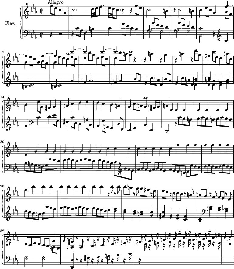 \version "2.18.2"
\header {
  tagline = ##f
  % composer = "Domenico Scarlatti"
  % opus = "K. 230"
  % meter = "Allegro"
}
%% les petites notes
trillC       = { \tag #'print { c4\prall } \tag #'midi { \times 2/3 { d16 c d } c8 } }
trillG       = { \tag #'print { g4\prall } \tag #'midi { \times 2/3 { a16 g a } g8 } }
trillGp      = { \tag #'print { g4.\prall } \tag #'midi { a16 g a g a g } }
appoGFis     = { \tag #'print { \appoggiatura g8 fis4 } \tag #'midi {   \tempo 2 = 62 g4   \tempo 2 = 40 fis8   \tempo 2 = 92 } }
appoCD       = { \tag #'print { \appoggiatura c8 d4  } \tag #'midi {   \tempo 2 = 62 c4   \tempo 2 = 40 d8   \tempo 2 = 92 } }
upper = \relative c'' {
  \clef treble 
  \key c \minor
  \time 2/2
  \tempo 2 = 92
  \set Staff.midiInstrument = #"harpsichord"
  \override TupletBracket.bracket-visibility = ##f
      s8*0^\markup{Allegro}
      s4 g'8 ees c4 g | c2. d32 ees f8. | ees32 d c8. r4 r4 g'8 ees | c2. b4 | r4 c2 b4 |
      % ms. 6
      c4 \repeat unfold 2 { ees8 c g4 << { f'4~ | f } \\ { aes,8 f | g4 } >> } ees'8 d \trillC << { c'4~ | c s2 | c4~ | c } \\ { ees,8 c | d4 bes'8 g d4 ees8 c | d4 } >> bes'8 a \trillG r4 |
      % ms. 11
      r4 a4 r4 g4 | r4 a4 r4 d8 g, | fis4 c'8 ees, d4 a'8 c, | bes4 ees8 g, fis4 g | a c d ees | 
      % ms. 16
      d4 c bes a | g c8 a \trillGp fis16 g | a4 \repeat unfold 8 { d,4 }
      % ms. 20 suite…
      \repeat unfold 8 { g4 } \repeat unfold 8 { c4 } \repeat unfold 8 { f4 }
      % ms. 26…
      \repeat unfold 8 { bes4 } bes4 r8 bes8 r8 bes8 | bes a r8 g8 g fis r8 ees8 | ees d r8 c8 c bes r8 a8 |
      % ms. 31
      a8 g r8 f8 f ees r8 d8 | d c ees d c bes << { g'4 \appoGFis } \\ { a,8 g | a4 } >> r8 a16 r16 bes16  r16 c16  r16 d16  r16 e  r16 | 
      % ms. 34
      \stemUp fis16 r16  g16 r16  a16 r16  bes16 r16  c16 r16 a16 r16  bes16 r16  c16 r16 | \appoCD  
}
lower = \relative c' {
  \clef bass
  \key c \minor
  \time 2/2
  \set Staff.midiInstrument = #"harpsichord"
  \override TupletBracket.bracket-visibility = ##f
    % **************************************
      s4 r4 r2 | r4 c8 aes f4 b | c g'8 ees c4 bes | \repeat unfold 2 { << { aes4 aes'8 f ees4 d } \\ { aes2 g } >> }
      % ms. 6
      << { c2 } \\ { c,2 } >> r4   \clef treble  c'4 | b c2. | b4 c2 g'4 | fis g2. | fis4 g2 \repeat unfold 2 { bes8 g |
      % ms. 11
      ees4 c'8 a d,4 } << { < g bes >4 | < a c > g fis  a } \\ { d, | d d d fis } >> | g4  \clef bass c, d ees8 g, | fis4 c'8 ees,  d4  a'8 c, |
      % ms. 16
      bes4 g'8 a, g4 d'8 f, | ees4 g c ees, | d2 r8 c''8 bes a | \repeat unfold 2 { bes c bes a } | bes a g fis g f' ees d |
      % ms. 21
      \repeat unfold 2 { ees8 f ees d } | ees d c bes c  \clef treble  bes' aes g | \repeat unfold 2 { aes bes aes g } | aes g f e f ees' d c  | \repeat unfold 2 { d8 ees d c } | 
      % ms. 26
      d8 c bes a bes aes' g f | \repeat unfold 2 { g aes g f } | g f ees d ees4 < d f > | < c ees > < bes d > < a c > < g c > < fis c' > < ees g > < d g > < c fis >
      % ms. 31
      < bes d >   \clef bass < a c > < g bes > < f aes > | < ees g >2 q | < d, d' >4 r8 r16 fis'16 r16 g r16 a r16 bes r16 c |
      % ms. 34
      r16 \stemDown \change Staff = "upper" d16 r16 e16 r16 fis16 r16 g16 r16 a16 r16 fis16 r16 g16 r16 e16 | d4 
}
thePianoStaff = \new PianoStaff <<
    \set PianoStaff.instrumentName = #"Clav."
    \new Staff = "upper" \upper
    \new Staff = "lower" \lower
  >>
\score {
  \keepWithTag #'print \thePianoStaff
  \layout {
      #(layout-set-staff-size 17)
    \context {
      \Score
     \override SpacingSpanner.common-shortest-duration = #(ly:make-moment 1/2)
      \remove "Metronome_mark_engraver"
    }
  }
}
\score {
  \keepWithTag #'midi \thePianoStaff
  \midi { }
}