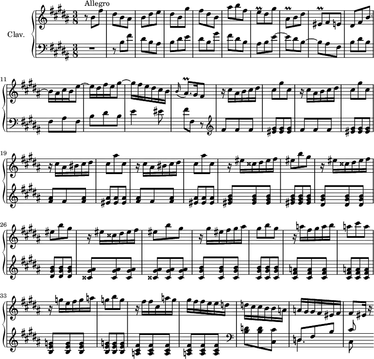 \version "2.18.2"
\header {
  tagline = ##f
}
%% les petites notes
trillEq         = { \tag #'print { e8\prall } \tag #'midi { fis32 e fis e } }
trillAisqDown   = { \tag #'print { ais,8\prall } \tag #'midi { b32 ais b ais } }
trillEqDown     = { \tag #'print { eis,8\prall } \tag #'midi { fis32 eis fis eis } }
trillAisqp      = { \tag #'print { ais8.\prall } \tag #'midi { b32 ais b ais~ ais16 } }
upper = \relative c'' {
  \clef treble 
  \key b \major
  \time 3/8
  \tempo 4. = 66
  \set Staff.midiInstrument = #"harpsichord"
      s8*0^\markup{Allegro}
      r8 b8 fis' | dis b ais | b dis e | dis b gis' | fis dis b | ais' b fis | \trillEq dis8 gis |
      % ms. 8
      \trillAisqDown b8 dis | \trillEqDown fis8 e | dis fis b~ | b16 ais cis b e8~ | e16 dis fis e gis8~ | gis16 fis e dis cis b | \appoggiatura b16 \trillAisqp gis16   \tempo 4. = 40 fis8 |   \tempo 4. = 66
      % ms. 15
      \repeat unfold 2 { r16 cis'16 ais b cis dis | cis8 gis' cis, } | \repeat unfold 2 { r16 cis16 ais bis cis dis | cis8 ais' cis, } | 
      % ms. 23
      \repeat unfold 3 { r16 eis16 cisis dis eis fis | eis8 b' gis } | 
      % ms. 29
      r16 gis16 eis fis gis ais | gis8 b gis | r16 a16 fis gis a b | a8 cis a | r16 g16 e fis g a | g8 b g |
      % ms. 35
      r16 fis16 fis cis a' gis | gis fis fis e e d | d cis cis b b a | a gis gis fis eis fis | fis8 \tempo 4. = 15 eis16 r16  
}
lower = \relative c' {
  \clef bass
  \key b \major
  \time 3/8
  \set Staff.midiInstrument = #"harpsichord"
    % **************************************
      R4. | r8 b8 fis' | dis b ais | b dis e | dis b gis' | fis dis b | ais b e~ |
      % ms. 8
      e8 dis b~ | b ais fis | b dis b | fis ais fis | b dis b | e4 eis8 | fis8 fis,  r8   \clef treble 
      % ms. 15
      \repeat unfold 2 { fis'8 fis fis | < eis gis >8 q q } | \repeat unfold 2 { < fis ais >8 fis < fis ais > | < eis ais >8 q q } |
      % ms. 23
      < eis gis b >8 q q | q q q | < dis gis b >8 q q | q q q | < cisis gis' ais >8 q q |
      % ms. 28
      q q q | < cis gis' b > q q | q q q | < cis fis a >8 q q | q q q | < b e g >8 q q | q q q |
      % ms. 35
      < a cis fis >8 q q | q q q |   \clef bass < b d >8 q < cis, cis' > | << { d8 fis b | cis8 } \\ { \mergeDifferentlyDottedOn d,4. | cis8 } >>
}
thePianoStaff = \new PianoStaff <<
    \set PianoStaff.instrumentName = #"Clav."
    \new Staff = "upper" \upper
    \new Staff = "lower" \lower
  >>
\score {
  \keepWithTag #'print \thePianoStaff
  \layout {
      #(layout-set-staff-size 17)
    \context {
      \Score
     \override SpacingSpanner.common-shortest-duration = #(ly:make-moment 1/2)
      \remove "Metronome_mark_engraver"
    }
  }
}
\score {
  \keepWithTag #'midi \thePianoStaff
  \midi { }
}