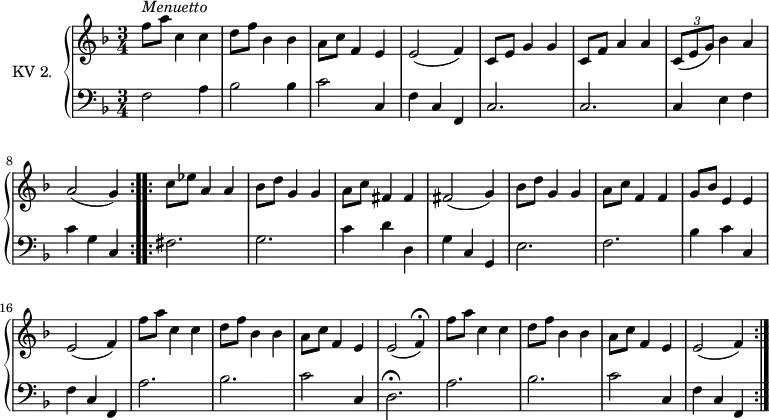 \version "2.14.2"
\header {
  tagline = ##f
}
upper = \relative c'' {
  \clef treble
  \key f \major
  \time 3/4
  \tempo 4 = 130
  \tempo "Menuetto"
  \set Staff.midiInstrument = #"dulcimer"
   \repeat volta 2 {
 f8^\markup \italic { Menuetto} a c,4 c | d8 f bes,4 bes | a8 c f,4 e | e2 (f4)
  | c8 e g4 g  | c,8 f a4 a
  | \tuplet 3/2 {c,8 (e g) } bes4 a |  a2 (g4)
  }
  \repeat volta 2 \relative c' {
   c'8 ees a,4 a | bes8 d g,4 g  | a8 c fis,4 fis
   | fis2 (g4)  | bes8 d g,4 g  | a8 c f,4 f | g8 bes e,4 e | e2 (f4)
   |  f'8 a c,4 c | d8 f bes,4 bes | a8 c f,4 e  | e2 (f4) \fermata
    |  f'8 a c,4 c | d8 f bes,4 bes | a8 c f,4 e  | e2 (f4)
  }
} 
lower = \relative c {
  \clef bass
  \key f \major
  \time 3/4
  \set Staff.midiInstrument = #"harpsichord"
  
  \repeat volta 2 {
  f2 a4 | bes2 bes4 | c2 c,4 | f4 c f,|  c'2. |  c2. | c4 e f  | c' g c,
  }
  \repeat volta 2 \relative c' {
    fis,2.  | g2. | c4 d d, | g c, g  | e'2. | f2.   | bes4 c  c,  | f c f,
    |  a'2. | bes2.| c2 c,4 | d2. \fermata |  a'2. | bes2.| c2 c,4 
    | f c f,
  }
}  
\score {
  \new PianoStaff <<
    \set PianoStaff.instrumentName = #"KV 2."
    \new Staff = "upper" \upper
    \new Staff = "lower" \lower
  >>
  \layout {
    \context {
      \Score
      \remove "Metronome_mark_engraver"
    }
  }
 \midi { }
}