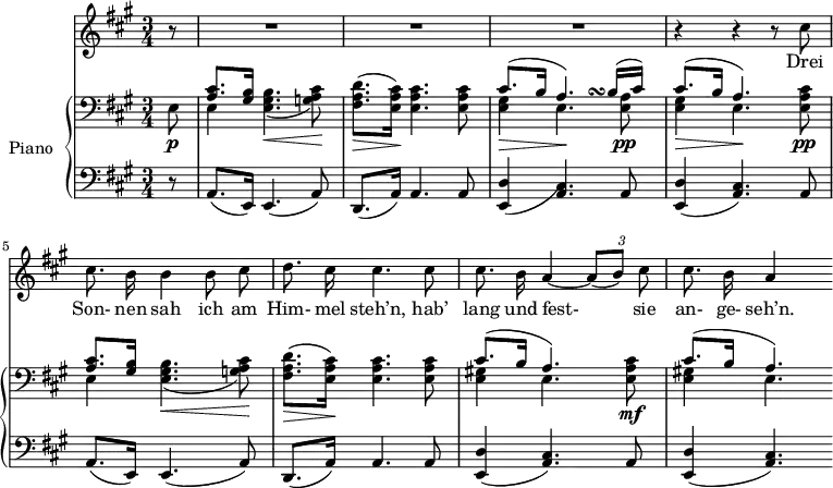 
\version "2.14.2"
\header {
  tagline = ##f
}
%%%% Schubert, Winterreise no. 23 Die Nebensonnen / début
intromd = { << { < cis' a >8. < b gis >16  } \\ { e,4 < b' gis e >4.\<( < cis a g! >8)\! } >>
                 < d a fis >8.\> ( < cis a e >16)\! < cis a e >4. < cis a e >8 }
intromg = { a8.( e16) e4.( a8) | d,8.( a'16) a4. a8 }

%%%%%% VOIX %%%%%
melody = \relative c'' {
  \clef treble
  \key a \major
  \time 3/4
  \tempo 4 = 60
  \override TupletBracket #'bracket-visibility = ##f

    r8 | R2.*3 | r4 r4 r8 cis8 | cis8. b16 b4 b8 cis | d8. cis16 cis4. cis8 |
    cis8. b16 a4~ {\times 2/3 { a8[( b)] cis }} | cis8. b16 a4 s8 |
}

text = \lyricmode {
  Drei Son- nen sah ich am Him- mel steh’n, hab’ lang und fest-__ sie an- ge- seh’n.
}

%%%%%% PIANO %%%%%
upper = \relative c' {
  \clef bass
  \key a \major
  \time 3/4

    e,8\p | \intromd | | << { cis8.( b16 a4.*2/3) s4*1/3\turn b16[( cis)]  } \\ { < gis e >4\> e4.\! < a e >8\pp } >>
    << { cis8.\> ( b16 a4.)\! } \\ { < gis e >4 e4. < cis' a e >8\pp } >> | \relative c
   \intromd | |  << { cis8.( b16 a4.) } \\ { < gis! e >4 e4. < cis' a e >8\mf } >>
    << { cis8.( b16 a4.) } \\ { < gis! e >4 e4. } >>

}

lower = \relative c {
  \clef bass
  \key a \major
  \time 3/4

  \partial 8 r8 | \intromg | | < d e, >4( < cis) a >4.) a8 | < d e, >4^\>( < cis a >4.) a8 | 
  \intromg | | < d e, >4^\>( < cis a >4.) a8 | < d e, >4( < cis a >4.) |
}

\score {
  <<
    \new Voice = "mel" { \autoBeamOff \melody }
    \new Lyrics \lyricsto mel \text
    \new PianoStaff <<
    \set PianoStaff.instrumentName = #"Piano"
      \new Staff = "upper" \upper
      \new Staff = "lower" \lower
    >>
  >>
  \layout {
    \context { \Staff \RemoveEmptyStaves }
     \context { \Score \remove "Metronome_mark_engraver" }
  }
  \midi { }
}
