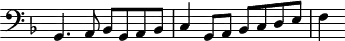 \header {
  tagline = ##f
}
\score {
  \new Staff \with {
     \remove "Time_signature_engraver"
  }
<<
  \relative c {
    \key f \major
    \clef bass
    \time 2/2
    \override TupletBracket #'bracket-visibility = ##f 
     %%% f° 49
     g4. a8 bes g a bes c4 g8 a bes c d e  f4
  }
>>
  \layout {
     \context { \Score \remove "Metronome_mark_engraver" }
  }
  \midi {}
}