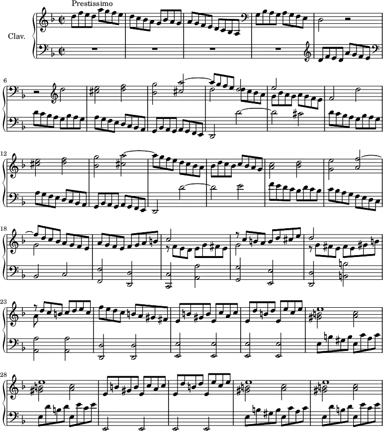 \version "2.18.2"
\header {
  tagline = ##f
}
% petites notes
prallEes = { \tag #'print { ees8.\prall } \tag #'midi { f32 ees f ees~ ees16 } }
upper = \relative c'' {
  \clef treble 
  \key d \minor
  \time 2/2
  \tempo 2 = 145
  \set Staff.midiInstrument = #"harpsichord"
      s8*0^\markup{Prestissimo} d8 f e d a' g f e | d c bes a g bes a g | a g f e d c bes a |   \clef bass g bes a g a g f e |
      % ms. 5 
      d2 r2 | r2   \clef treble d''2 | < cis e >2 < d f > | < bes g' >  | << { < cis a' >~ a'8 g f e  d2 | e2  } \\ { s2 d2 d8 c bes a | g bes a g a g f e } >> f2 d'2 | < cis e >2 < d f > | < bes g' > < cis a' >~ | a'8 g f e d c bes a | bes d c bes c bes a g | < a c >2 < bes d > < g e' > << { < a f' >~ f'8 d c bes } \\ { s2 g2 } >> a8 g f e | a g f e f g a b << { c2 s2 | r8 c8 b a b d cis e | d2 s2 | r8 d8 c b c d e c } \\ { r8 f,8 e d e g fis e g2 s2 | r8 g fis e fis e gis b | a } >> 
      % ms. 24
      f'8 e d c  b a gis fis | \repeat unfold 2 { e b' gis b e, c' a c | e, d' b d  e, e' c e << { e1 e } \\ { \repeat unfold 2 { < gis, b >2 < a c > }  } >> }
}
lower = \relative c' {
  \clef bass
  \key d \minor
  \time 2/2
  \set Staff.midiInstrument = #"harpsichord"
    % **************************************
       R1*4   \clef treble d8 f e d a' g f e | \clef bass d c bes a g bes a g | a g f e d c bes a | g bes a g a g f e |
       % ms. 9
       d2 d''~ | d cis | d8 c bes a g bes a g | a g f e d c bes a | 
       % ms. 13
       g8 bes a g  a g f e | d2 d''~ | d e | f8 e d c bes d c bes | c bes a g f e d c | bes2 c | < f, f'>2 < d d' > < c c' > < a' a' > < g g' > < e e' > | < d d' > < b' b' > |
       % ms. 23 
       < a a' >2 q | < d, d' > q | < e e' > q q q |  e'8 b' gis b e, c' a c | e, d' b d  e, e' c e | e,,2 e e e | e'8 b' gis b e, c' a c | e, d' b d  e, e' c e
} 
thePianoStaff = \new PianoStaff <<
    \set PianoStaff.instrumentName = #"Clav."
    \new Staff = "upper" \upper
    \new Staff = "lower" \lower
  >>
\score {
  \keepWithTag #'print \thePianoStaff
  \layout {
      #(layout-set-staff-size 17)
    \context {
      \Score
     \override SpacingSpanner.common-shortest-duration = #(ly:make-moment 1/2)
      \remove "Metronome_mark_engraver"
    }
  }
}
\score {
  \keepWithTag #'midi \thePianoStaff
  \midi { }
}