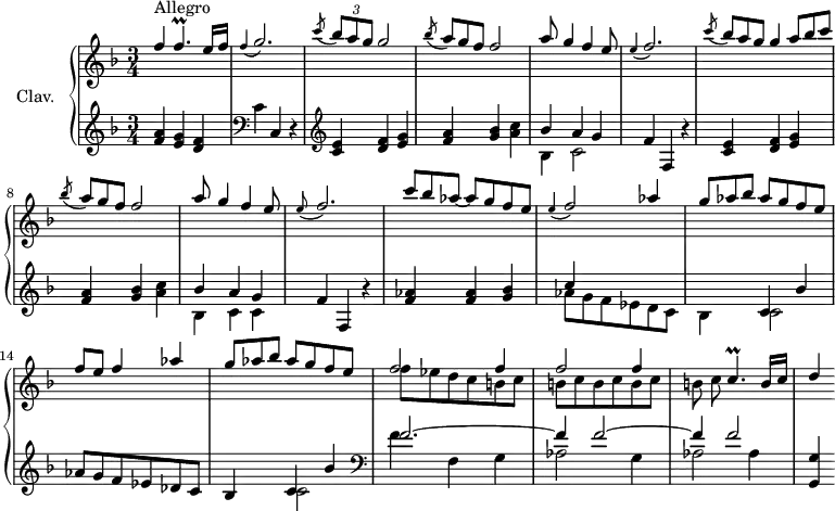 \version "2.18.2"
\header {
  tagline = ##f
}
%% les petites notes
trillFp     = { \tag #'print { f4.\prall } \tag #'midi { \times 2/3 { g16 f g f g f~ } f8 } }
trillCp     = { \tag #'print { c4.\prall } \tag #'midi { \times 2/3 { d16 c d c d c~ } c8 } }
appoGbp     = { \tag #'print { \appoggiatura f4 g2. } \tag #'midi { f2 g4 } }
appoFbp     = { \tag #'print { \appoggiatura e4 f2. } \tag #'midi { e4 f2 } }
appoFb      = { \tag #'print { \appoggiatura e4 f2 } \tag #'midi { e4 f4 } }
appoFbqp    = { \tag #'print { \appoggiatura e8 f2. } \tag #'midi { e2 f4 } }
upper = \relative c'' {
  \clef treble 
  \key f \major
  \time 3/4
  \tempo 4 = 126
  \set Staff.midiInstrument = #"harpsichord"
  \override TupletBracket.bracket-visibility = ##f
      s8*0^\markup{Allegro}
      \stemUp f4 \trillFp e16 f | \appoGbp | \acciaccatura c8 \times 2/3 { bes8 a g } g2 |   \omit TupletNumber \acciaccatura bes8 \times 2/3 { a8 g f } f2 | a8 g4 f e8 | 
      % ms. 6
      \appoFbp | \acciaccatura c'8 \times 2/3 { bes8 a g } g4 \times 2/3 { a8 bes c } | \acciaccatura bes8 \times 2/3 { a8 g f } f2 | a8 g4 f e8 | \appoFbqp |
      % ms. 11
      \times 2/3 { c'8 bes aes~ } aes 8 g f e | \appoFb aes4 | \times 2/3 { g8 aes bes } aes8 g f e | f e f4 aes | \times 2/3 { g8 aes bes } aes8 g f e |
      % ms. 16
      << { \repeat unfold 2 { f2 f4 } } \\ { f8 ees d c \repeat unfold 5 { b c } } >> \trillCp b16 c | d4
      % ms. 12
      
}
lower = \relative c' {
  \clef bass
  \key f \major
  \time 3/4
  \set Staff.midiInstrument = #"harpsichord"
  \override TupletBracket.bracket-visibility = ##f
    % ************************************** \appoggiatura \repeat unfold 2 {  } \times 2/3 { }
        \clef treble  < f a >4 < e g> < d f > |   \clef bass c4 c, r4 |  \clef treble   < c' e >4 < d f > < e g > | < f a > < g bes > < a c > | << { bes4 a g } \\ { bes,4 c2 } >>
      % ms. 6
      f4 f, r4 < c' e >4 < d f > < e g > | < f a > < g bes > < a c > | | << { bes4 a g } \\ { bes,4 c c } >> | f4  f, r4 | 
      % ms. 11
      < f' aes >4 q < g bes > << { c4 s2 | s4 c,4 bes' | aes8 g f ees des c | bes4 c bes' } \\ { aes8 g f ees d c | bes4 c2 s2. | s4 c2  } >>   \clef bass
      % ms. 16
      << { f2.~ | f4 f2~ f4 | f2 } \\ { f4 f, g | aes2 g4 | aes2 aes4 } >> < g, g' >4
      % ms. 12
      
}
thePianoStaff = \new PianoStaff <<
    \set PianoStaff.instrumentName = #"Clav."
    \new Staff = "upper" \upper
    \new Staff = "lower" \lower
  >>
\score {
  \keepWithTag #'print \thePianoStaff
  \layout {
      #(layout-set-staff-size 17)
    \context {
      \Score
     \override SpacingSpanner.common-shortest-duration = #(ly:make-moment 1/2)
      \remove "Metronome_mark_engraver"
    }
  }
}
\score {
  \keepWithTag #'midi \thePianoStaff
  \midi { }
}