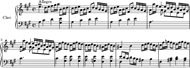 \version "2.18.2"
\header {
  tagline = ##f
  % composer = "Domenico Scarlatti"
  % opus = "K. 301"
  % meter = "Allegro"
}
%% les petites notes
trillEp     = { \tag #'print { e4.\prall } \tag #'midi { fis32 e fis e fis e~ e16~ e8 } }
upper = \relative c'' {
  \clef treble 
  \key a \major
  \time 4/4
  \tempo 4 = 100
  \set Staff.midiInstrument = #"harpsichord"
  \override TupletBracket.bracket-visibility = ##f
      s8*0^\markup{Allegro}
      \trillEp d16 e fis8 gis16 a b,8 cis16 d | \repeat unfold 2 { cis8 d16 e a,8 b16 cis fis,8 d' cis16 b a gis } | 
      % ms. 4
      \repeat unfold 2 { a8 a'16 fis \stemUp e4^~ e16 cis d b cis a b gis  \stemDown } |  \stemNeutral a8 \repeat unfold 2 { e'16 fis e8 d cis } 
      % ms. 7 suite
      cis16 d cis8 b ais cis16 d cis8 b | ais4 b cis8 d16 e d8 cis16 b | cis8 fis16 g fis8 e d fis16 g fis8 e |
      % ms. 16
      
      % ms. 21
      
}
lower = \relative c' {
  \clef bass
  \key a \major
  \time 4/4
  \set Staff.midiInstrument = #"harpsichord"
  \override TupletBracket.bracket-visibility = ##f
    % ************************************** \appoggiatura \repeat unfold 2 {  } \times 2/3 { }
      a4 cis d < gis, e' > | \repeat unfold 2 { a4 cis d e }
      % ms. 4
      a,4. \stemDown \change Staff = "upper"  a'8 gis fis e d \change Staff = "lower" | cis4. \stemDown \change Staff = "upper" a'8 gis fis e d | \stemNeutral \change Staff = "lower" cis4 \repeat unfold 2 { < gis e' > < a e' > } 
      % ms. 7 suite
      < g e' >4 < fis e' > < g e' > | << { e'8 d16 cis } \\ { fis,4 } >> d'8 cis16 b ais4 b | fis4 < ais cis >4 < b d > < ais cis > |
      % ms. 10
      
      % ms. 13
      
}
thePianoStaff = \new PianoStaff <<
    \set PianoStaff.instrumentName = #"Clav."
    \new Staff = "upper" \upper
    \new Staff = "lower" \lower
  >>
\score {
  \keepWithTag #'print \thePianoStaff
  \layout {
      #(layout-set-staff-size 17)
    \context {
      \Score
     \override SpacingSpanner.common-shortest-duration = #(ly:make-moment 1/2)
      \remove "Metronome_mark_engraver"
    }
  }
}
\score {
  \keepWithTag #'midi \thePianoStaff
  \midi { }
}