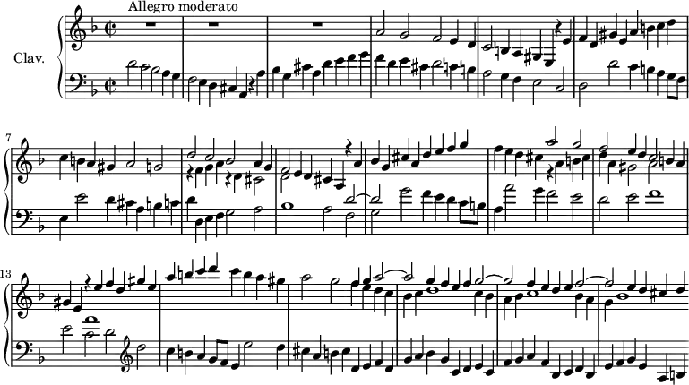 \version "2.18.2"
\header {
  tagline = ##f
  % composer = "Domenico Scarlatti"
  % opus = "K. 417"
  % meter = "Allegro moderato"
}
%% les petites notes
Dux    = { d2 c bes a4 g | f2 e4 d cis a r4 a' | bes g cis a d e f g }
Comes  = { a2 g f e4 d | c2 b4 a gis e r4 e' | f d gis e a b c d }
upper = \relative c'' {
  \clef treble 
  \key d \minor
  \time 4/2
  \once \override Score . TimeSignature #'stencil = #ly:text-interface::print
  \override Staff.TimeSignature #'text = \markup \musicglyph #"timesig.C22" 
  \tempo 2 = 82
  \set Staff.midiInstrument = #"harpsichord"
  \override TupletBracket.bracket-visibility = ##f
      s8*0^\markup{Allegro moderato}
      s2. r1 s4 | s2. r1 s4 | s2. r1 s4 | \Comes
      % ms. 7
      c4 b a gis a2 g | << { \relative c'' \Dux } \\ { r4 f4 g a r4 d, cis2 | d } >>
      % ms. 11
      f'4 e d cis << { \relative c''' \Comes } \\ { r4 a4 b cis | d a gis2 a } >>
      % ms. 14 suite
      c'4 b a gis | a2 g << { f4 g a2~ | a2 g4f e f g2~ g f4 e d e f2~ | f e4 d cis d } \\ { f4 e d c | bes c d1 c4 bes | a bes c1 bes4 a g bes1 } >>
      % ms. x
      
}
lower = \relative c' {
  \clef bass
  \key d \minor
  \time 4/2
  \once \override Score . TimeSignature #'stencil = #ly:text-interface::print
  \override Staff.TimeSignature #'text = \markup \musicglyph #"timesig.C22" 
  \set Staff.midiInstrument = #"harpsichord"
  \override TupletBracket.bracket-visibility = ##f
    % ************************************** \appoggiatura a16  \repeat unfold 2 {  } \times 2/3 { }   \omit TupletNumber 
      \Dux
      % ms. 4
      f4 d e cis d2 c4 b | a2 g4 f e2 c | d d' c4 b a g8 f |
      % ms. 7
      e4 e'2 d4 cis a b c | d d, e f g2 a | bes1 a2 << { d2~ | d } \\ { f,2 | g } >>
      % ms. 10 suite
      g'2 f4 e d c8 b | a4 a'2 g4 f2 e | d e f1 |
      % ms. 13
      e2 << { a1 } \\ { c,2 d } >>   \clef treble d'2 | c4 b a g8 f e4 e'2 d4 | cis a b cis d, e f d |
      % ms. 16
      g4 a bes g c, d e c | f g a f bes, c d bes | e f g e a, b 
}
thePianoStaff = \new PianoStaff <<
    \set PianoStaff.instrumentName = #"Clav."
    \new Staff = "upper" \upper
    \new Staff = "lower" \lower
  >>
\score {
  \keepWithTag #'print \thePianoStaff
  \layout {
      #(layout-set-staff-size 17)
    \context {
      \Score
     \override SpacingSpanner.common-shortest-duration = #(ly:make-moment 1/2)
      \remove "Metronome_mark_engraver"
    }
  }
}
\score {
  \keepWithTag #'midi \thePianoStaff
  \midi { }
}