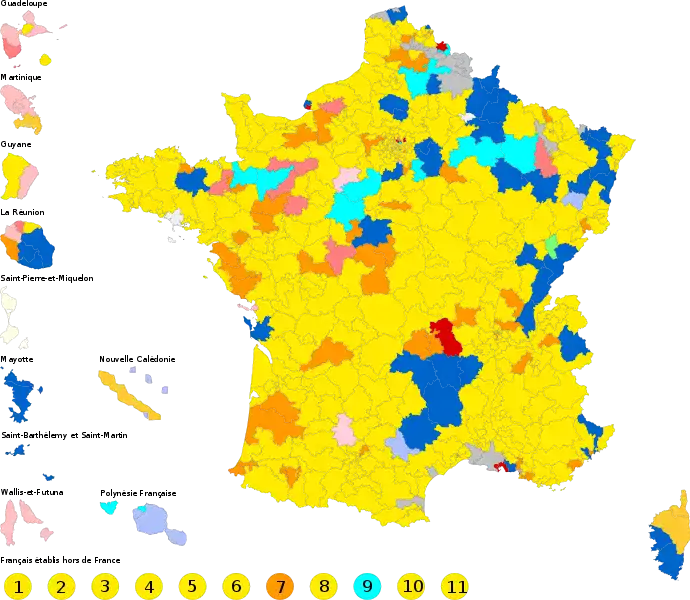 Nuance politique des candidats arrivés en tête dans chaque circonscription au 1er tour.
