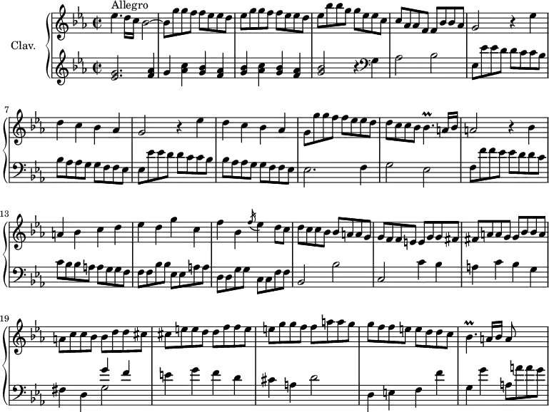 \version "2.18.2"
\header {
  tagline = ##f
}
%% les petites notes
%trillBesp     = { \tag #'print { bes4.\prall } \tag #'midi { c32 bes c bes c bes~ bes16~ bes8 } }
trillBesp     = { \tag #'print { bes4.\prall } \tag #'midi { c16 bes c bes c bes } }
upper = \relative c'' {
  \clef treble 
  \key ees \major
  \time 2/2
  \tempo 2 = 90
  \set Staff.midiInstrument = #"harpsichord"
      s8*0^\markup{Allegro}
      ees4. d16 c bes2~ | bes8 g' g f f ees ees d | ees g g f f ees ees d | ees bes' bes g g ees ees c |
      % ms. 5
      c8 aes aes f f bes bes aes | \repeat unfold 2 { g2 r4 ees'4 d c bes aes } |
      % ms. 10
      g8 g' g f f ees ees d | d c c bes \trillBesp a16 bes | a2 r4 bes4 | a bes c d ees d g c, |
      % ms. 15
      f4 bes, \acciaccatura f'16 ees4 d8 c | d c c bes bes a a g | g f f e e g g fis | fis a a g g bes bes a | a c c bes bes d d cis |
      % ms. 20
      cis8 e e d d f f e | e g g f f a a g | g f f e e d d c |  \trillBesp a16 bes a8 s8 s4  |
}
lower = \relative c' {
  \clef bass
  \key ees \major
  \time 2/2
  \set Staff.midiInstrument = #"harpsichord"
    % **************************************
     \clef treble < ees g >2. < f aes >4 | g < aes c >4 < g bes > < f aes > | < g bes > < aes c >4 < g bes > < f aes > | < g bes >2 r4   \clef bass g,4
     % ms. 5
     aes2 bes | \repeat unfold 2 { ees,8 ees' ees d d c c bes | bes aes aes g g f f ees } |
     % ms. 10
     ees2. f4 | g2 ees | f8 f' f ees ees d d c | c bes bes a a g g f | f f bes bes ees, ees a a |
     % ms. 15
     d,8 d g g c, c f f | bes,2 bes' | c,2 c'4 bes | a c bes g | fis d << { g'4 f } \\ { g,2 } >> |
     % ms. 20
     e'4 g f d | cis a d2 | d,4 e f f' | g, g' a,8 a' a g |
}
thePianoStaff = \new PianoStaff <<
    \set PianoStaff.instrumentName = #"Clav."
    \new Staff = "upper" \upper
    \new Staff = "lower" \lower
  >>
\score {
  \keepWithTag #'print \thePianoStaff
  \layout {
      #(layout-set-staff-size 17)
    \context {
      \Score
     \override SpacingSpanner.common-shortest-duration = #(ly:make-moment 1/2)
      \remove "Metronome_mark_engraver"
    }
  }
}
\score {
  \keepWithTag #'midi \thePianoStaff
  \midi { }
}