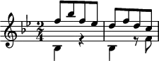 
\header {
  tagline = ##f
}

\score {
  \new Staff \with {

  }
<<
  \relative c'' {
    \key bes \major
    \time 2/4
    \override TupletBracket #'bracket-visibility = ##f 
    \autoBeamOff

     %%%%%%%%%%% K 123
     << { f8[ bes f ees] d8[ f d c] } \\ { bes,4 r4 bes4 r8 f'8 } >>
  }
>>
  \layout {
    \context {
      \remove "Metronome_mark_engraver"
    }
  }
  \midi {}
}
