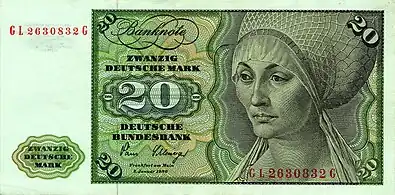 Portrait d'Elsbeth Tucher (1499) sur le billet de 20 DM, 1961