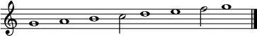 {
\new Staff \with { \remove "Time_signature_engraver" }
\clef treble
\time 5/1
\cadenzaOn
g'1
a'1
b'1
c''2
d''1
e''1
f''2
g''1
\bar "|."
}