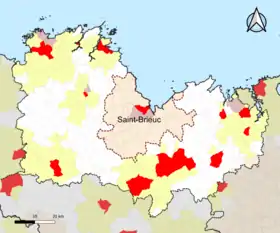 Localisation de l'aire d'attraction de Saint-Brieuc dans le département des Côtes-d'Armor.