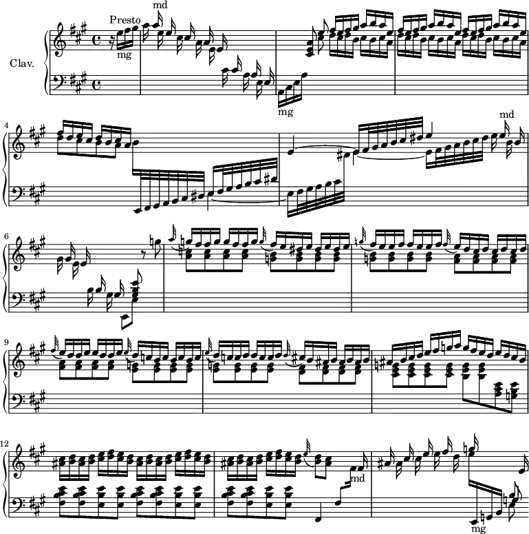 \version "2.18.2"
\header { 
  tagline = ##f
  % composer = "Domenico Scarlatti"
  % opus = "K. 24"
  % meter = "Presto"
}
%% les petites notes
trillBesp     = { \tag #'print { bes4.\prall } \tag #'midi { c32 bes c bes~ bes4 } }
upper = \relative c'' {
  \clef treble 
  \key a \major
  \time 4/4
  \tempo 4 = 110
  \set Staff.midiInstrument = #"harpsichord"
  \override TupletBracket.bracket-visibility = ##f
      s8*0^\markup{Presto}
      \partial 4 \stemUp s4 s16 a'16^\markup{md} s16 e16 s16 cis16 s16 a16 s16 e16 s16 \stemUp \change Staff = "lower" cis16 s16 a16 s16 e16 |  \change Staff = "upper"  s4 \autoBeamOff < cis' e a >8 \autoBeamOn e' \repeat unfold 3 { fis16 e fis gis a b a e }
      % ms. 4
      fis16 d e cis d b cis a s4 \stemUp \change Staff = "lower" e,16 fis32 gis a b cis dis \change Staff = "upper" e4^~ e16 fis32 gis a b cis dis | \stemUp
      % ms. 5
      e4 s16 e16^\markup{md} s16 b16 s16 gis16 s16 e16 s16  \stemUp \change Staff = "lower" b16 s16 gis s8 < gis b e >8 \stemDown \change Staff = "upper" r8 g''8 | \appoggiatura  a32 \stemUp g16 fis fis g g fis fis g  \appoggiatura  g32 fis16 e \repeat unfold 3 { dis16 e }
      % ms. 8
      \appoggiatura  g32 \stemUp fis16 e e fis fis e e fis \appoggiatura  fis32 e16 d \repeat unfold 3 { cis16 d }   |   \appoggiatura  fis32 e16 d d e e d d e  \appoggiatura e32 d16 c \repeat unfold 3 { b16 c }   |   \appoggiatura  e32 \stemUp d16 c c d d c c d   \appoggiatura d32 cis16 b \repeat unfold 3 { ais16 b }   |
      % ms. 11
      ais16 b cis d e fis g a g fis e d e d cis b | \stemNeutral \repeat unfold 3 { \repeat unfold 2 {< ais cis >16 < b d > } < cis e >16 < d fis > < cis e > < b d > } \appoggiatura  e32 < b d >8 < ais cis > s8 s16 \stemUp fis16 |
      % ms. 14
      ais16 s16 cis16 s16 e16 s16 fis16 s16 g16 s16 s8  \stemUp \change Staff = "lower" b,,8 \change Staff = "upper" e16
}
lower = \relative c' {
  \clef bass
  \key a \major
  \time 4/4
  \set Staff.midiInstrument = #"harpsichord"
  \override TupletBracket.bracket-visibility = ##f
    % ************************************** \appoggiatura \repeat unfold 2 {  } \times 2/3 { }
      \stemDown \change Staff = "upper" r16 e'16-\markup{mg} fis gis | \autoBeamOff a16 s16 e s16 cis s16 a s16 e s16 \change Staff = "lower" cis s16 a s16 e s16 | \autoBeamOn a,-\markup{mg} cis e a | s8 \stemDown \change Staff = "upper" cis'8 \repeat unfold 3 { d16 cis d b cis b cis a  }
      % ms. 4
      d8 cis b a b16 \stemUp \change Staff = "lower"   \omit TupletNumber \times 6/7 { e,,,32 fis gis a b cis dis } \stemDown  e4_~ e16 fis32 gis a b cis \stemDown \change Staff = "upper" dis e4_~
      % ms. 5
      e16 fis32 gis a b cis dis e16 s16 b s16 gis s16 e s16  \change Staff = "lower"  b s16 gis s16 e,8 e' s4 | \stemDown \change Staff = "upper" < a' c >8    q q q \repeat unfold 8 { < g b >8 } |
      % ms. 8 suite
      \repeat unfold 8 { < fis a >8 } | \repeat unfold 8 { < e g >8 } \repeat unfold 4 { < d fis >8 }
      % ms. 11
      \repeat unfold 4 { < cis e g >8 } < b e g >8 q   \change Staff = "lower"  < a cis e >8 < g b e > | \repeat unfold 3 { < fis b cis e >8-\tweak stencil ##f \p q < e b' e > q } | \stemUp fis,4 fis'8 \stemDown \change Staff = "upper" fis'16-\markup{md}-\tweak stencil ##f \mf | s8
      % ms. 14
      ais16 s16 cis16 s16 e16 s16 d e16 \stemUp \change Staff = "lower"   e,,,16-\markup{mg} g b << { \shiftOn g'8 } \\ { e8 } >>
}
thePianoStaff = \new PianoStaff <<
    \set PianoStaff.instrumentName = #"Clav."
    \new Staff = "upper" \upper
    \new Staff = "lower" \lower
  >>
\score {
  \keepWithTag #'print \thePianoStaff
  \layout {
      #(layout-set-staff-size 17)
    \context {
      \Score
     \override SpacingSpanner.common-shortest-duration = #(ly:make-moment 1/2)
      \remove "Metronome_mark_engraver"
    }
  }
}
\score {
  \keepWithTag #'midi \thePianoStaff
  \midi { }
}