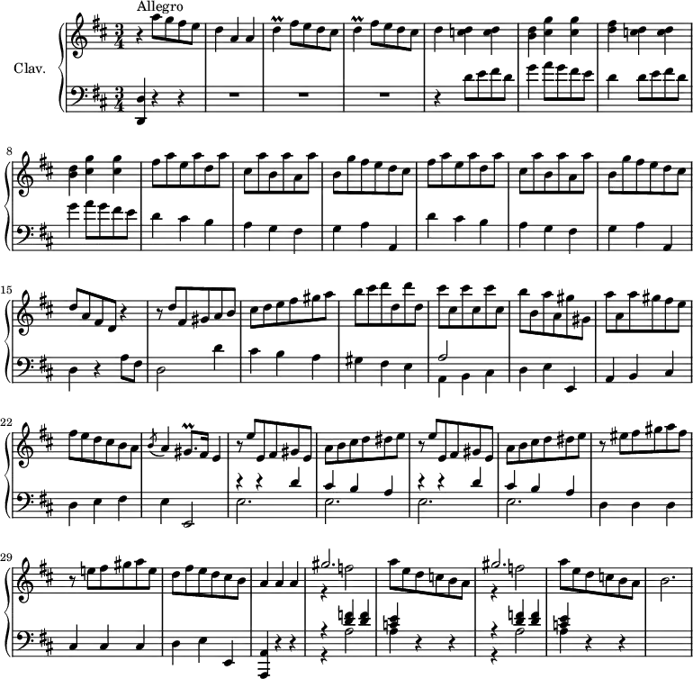 \version "2.18.2"
\header {
  tagline = ##f
  % composer = "Domenico Scarlatti"
  % opus = "K. 512"
  % meter = "Allegro"
}
%% les petites notes
trillGisqp     = { \tag #'print { gis8.\prall } \tag #'midi { \times 2/3 { a16 gis a } gis } }
trillD         = { \tag #'print { d4\prall } \tag #'midi { \times 2/3 { e16 d e } d8 } }
upper = \relative c'' {
  \clef treble 
  \key d \major
  \time 3/4
  \tempo 4 = 172
      s8*0^\markup{Allegro}
      r4 a'8 g fis e | d4 a a | \repeat unfold 2 { \trillD fis8 e d cis }
      % ms. 5
      d4 < c d > q | < b d > < cis g' > q | < d fis > < c d > q | < b d > < cis g' > q | \repeat unfold 2 { fis8 a e a d, a' |
      % ms. 10
      cis,8 a' b, a' a, a' | b, g' fis e d cis } | 
      % ms. 15
      d8 a fis d r4 | r8 d'8 fis, gis a b | cis d e fis gis a | b cis \repeat unfold 2 { d d, } | \repeat unfold 3 { cis' cis, }
      % ms. 20
      b'8 b, a' a, gis' gis, | a' a, a' gis fis e | fis e d cis b a | \acciaccatura b8 a4 \trillGisqp fis16 e4 | \repeat unfold 2 { r8 e'8 e, fis gis e |
      % ms. 25/26…
      a8 b cis d dis e } | r8 eis fis gis a fis | r8 e! fis gis a e 
      % ms. 30
      d8 fis e d cis b | a4 a a | \repeat unfold 2 { << { gis'2. } \\ { r4 f2 } >> a8 e d c b a } | b2.
}
lower = \relative c' {
  \clef bass
  \key d \major
  \time 3/4
    % ************************************** \appoggiatura a16  \repeat unfold 2 {  } \times 2/3 { }   \omit TupletNumber 
      < d,, d' >4 r4 r4 | R2.*3
      % ms. 5
      r4  \repeat unfold 2 { d''8 e fis d | g4 a8 g fis e | d4 } cis4 b
      % ms. 10
      a4 g fis | g a a, | d' cis b | a4 g fis | g a a, |
      % ms. 15
      d4 r4 a'8 fis | d2 d'4 | cis b a | gis fis e | << { a2 } \\ { a,4 b cis } >>
      % ms. 20
      d4 e e, | a b cis | d e fis | e e,2 |
      \repeat unfold 2 { << { r4 r4 d''4 | cis b a } \\ { e2. e2. } >> }
      % ms. 28
      d4 d d | cis cis cis
      % ms. 30
      d4 e e, < a, a' > r4 r4 | \repeat unfold 2 { << { r4 < d'' f >4 q | < c e > } \\ { r4 a2 | a4 } >> r4 r4 } | s2.
}
thePianoStaff = \new PianoStaff <<
    \set PianoStaff.instrumentName = #"Clav."
    \new Staff = "upper" \upper
    \new Staff = "lower" \lower
  >>
\score {
  \keepWithTag #'print \thePianoStaff
  \layout {
      #(layout-set-staff-size 17)
    \context {
      \Score
     \override TupletBracket.bracket-visibility = ##f
     \override SpacingSpanner.common-shortest-duration = #(ly:make-moment 1/2)
      \remove "Metronome_mark_engraver"
    }
  }
}
\score {
  \keepWithTag #'midi \thePianoStaff
  \midi { \set Staff.midiInstrument = #"harpsichord" }
}