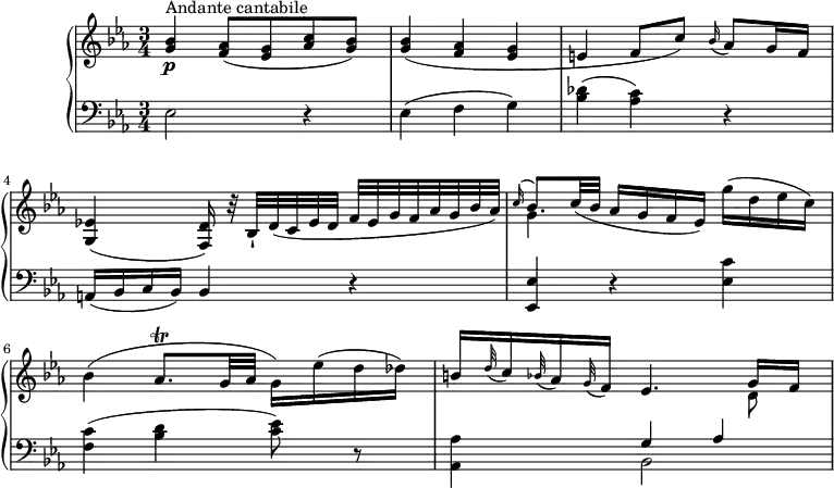 \version "2.18.2"
\header {
  tagline = ##f
}
upper = \relative c' {
         \clef "treble"
         \tempo "Andante cantabile"
         \key ees \major
         \time 3/4
         \tempo 4 = 50
      <g' bes>4 \p ^\markup {Andante cantabile} <f aes>8 (<ees g> <aes c> <g bes>)
      <g bes>4 (<f aes> <ees g>
      e (f8 c') \grace bes16 (aes8) g16 f
      <g,ees'!>4 (<f d'>16) r32 bes-! d (c ees d f ees g f aes g bes aes)
      <<{\stemDown g4 s4} \\ { \stemUp  \grace c16 ^(bes8.) \stemUp c32 (bes aes16 g f ees) }>> g' (d ees c)
      bes4 (aes8. \trill g32 aes g16) ees' (d des)
      b \grace d32 (c16) \grace bes32 (aes16) \grace g32 ( f16) ees4. <<{\stemDown d8} \\ { \stemUp   g16 f }>>
}
lower =\relative c {
         \clef "bass"
         \key ees \major
         \time 3/4
       ees2 r4
       ees4 (f g)
       <bes des> (<aes c>) r
       a,16 (bes c bes) bes4 r
       <ees, ees'>4 r <ees' c'>4
       <f c'> (<bes d> <c ees>8) r
      <aes, aes'>4 <<{\stemDown bes2} \\ { \stemUp   g'4 aes }>>
  }
\score {
  \new PianoStaff <<
    \new Staff = "upper" \upper
    \new Staff = "lower" \lower
  >>
  \layout {
    \context {
      \Score
      \remove "Metronome_mark_engraver"
    }
  }
  \midi { }
}