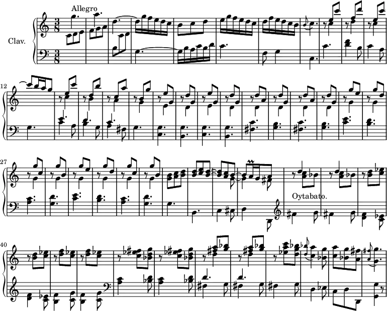 \version "2.18.2"
\header {
  tagline = ##f
  % composer = "Domenico Scarlatti"
  % opus = "K. 255"
  % meter = "Allegro"
}
%% les petites notes
trillAqq       = { \tag #'print { a16\prall } \tag #'midi { \times 2/3 { a32 b a } } }
appoBC         = { \tag #'print { \appoggiatura b8 c4. } \tag #'midi { b4   \tempo 4. = 30 c8   \tempo 4. = 76 } }
appoAFisGG     = { \tag #'print { \appoggiatura < a fis' >8 < g g' >4. } \tag #'midi { < a fis' >4 \tempo 4. = 30 < g g' >8  \tempo 4. = 76  } }
rallFis        = { \tag #'print { fis''4^\markup{Oytabato.} g8 } \tag #'midi { \tempo 4. = 30 fis8~ \tempo 4. = 76 fis8 g8 } }
upper = \relative c'' {
  \clef treble 
  \key c \major
  \time 3/8
  \tempo 4. = 76
  \set Staff.midiInstrument = #"harpsichord"
  \override TupletBracket.bracket-visibility = ##f
      s8*0^\markup{Allegro}
      g'4. | a | d,4.~ | d16 g f e d c | b8 c d | e16 g f e d c |
      % ms. 7
      d f e d c b | \appoBC | 
      << { s8 e8 c' | s8 f,8 d' | s8 e,8 c'~ | c b16 a g8 } 
      \\ { b,8\rest c4 | b8\rest d4 | b8\rest c4 } >>
      % ms. 13
      << { s8 e8 c' | s8 d,8 b' |
      % ms. 15
      s8 c,8 a' | s8 b, g' | \repeat unfold 2 { s8 e8 g, | s8 d' g, } | \repeat unfold 2 { s8 d'8 a | s8 d8 g, } } 
      \\ % voix deux ms. 13 :
      { b8\rest c4 | b8\rest b4 | b8\rest a4 | b8\rest g4 | \repeat unfold 2 { b8\rest e,4 | b'8\rest d,4 } | \repeat unfold 4 { b'8\rest d,4 } } >> 
      % ms. 25
      << { \repeat unfold 2 { s8 g'8 e | s8 g8 d | s8 g8 c, | s8 g'8 b, } } 
      \\ {  \repeat unfold 8 { b8\rest g4 }  } >>
      % ms. 33
      < g b >8 < a c > < b d > | << { q < c e > < b d >~ | q < a c > b8~ | b8 \trillAqq g16 a8 } \\ { s4. s4 g8~ | g4 fis8 } >> | \repeat unfold 2 { r8 << { d'4 } \\ { < a c >8 bes } >> }
      % ms. 39
      \repeat unfold 2 { r8 < b d >8 < c ees > } | \repeat unfold 2 { r8 < d f >8 < c ees > } | \repeat unfold 2 { r8 < c ees fis >8 < bes d g > } | 
      % ms. 45
      \repeat unfold 2 { r8 << { < fis' a > < g bes > } \\ { d4 } >> } | r8 < ees a c >8 < d g bes > | \appoggiatura < d bes' >8 < c a' >4 < bes g' >8 | < c a' >8 < bes g' > < a fis' > \appoAFisGG |
      % ms. 53
      
      % ms. 60
      
      % ms. 67
      
      % ms. 74
      
}
lower = \relative c' {
  \clef bass
  \key c \major
  \time 3/8
  \set Staff.midiInstrument = #"harpsichord"
  \override TupletBracket.bracket-visibility = ##f
    % ************************************** \appoggiatura a16  \repeat unfold 2 {  } \times 2/3 { }   \omit TupletNumber 
      \stemDown \change Staff = "upper" c8 d e | f g a | \change Staff = "lower" b, \change Staff = "upper" c d | \change Staff = "lower" g,4.~ | g16 b a c b d | c4. |
      % ms. 7
      f,8 g4 | c,4. | c' | < d f >4 b8 | c4 a8 | g4. | << { e'4. d c } \\ { c4 a8 | b4 g8 | a4 fis8 } >>
      % ms. 16
      g4. \repeat unfold 2 { < c, g' > < b g' > } | \repeat unfold 2 { < fis' c' > < g b > } |
      % ms. 25
      \repeat unfold 2 { < c e >4. < b d > < a c > < g d' > }
      % ms. 33
      g4. b, c4 cis8 | d4 d,8   \clef treble  | \rallFis  | fis4 g8 |
      % ms. 39
      \repeat unfold 2 { < d f >4 < c ees >8 } | \repeat unfold 2 { < b f' >4 < c g' >8 } |   \clef bass \repeat unfold 2 { < a c >4 < bes d >8 } |
      % ms. 45
      \repeat unfold 2 { << { d4. } \\ { fis,4 g8 } >> } | fis4 g8 | d4 ees8 | c d d, | < g g' >4 r8 | 
      % ms. 53
      
      % ms. 60
      
      % ms. 67
      
      % ms. 74
      
}
thePianoStaff = \new PianoStaff <<
    \set PianoStaff.instrumentName = #"Clav."
    \new Staff = "upper" \upper
    \new Staff = "lower" \lower
  >>
\score {
  \keepWithTag #'print \thePianoStaff
  \layout {
      #(layout-set-staff-size 17)
    \context {
      \Score
     \override SpacingSpanner.common-shortest-duration = #(ly:make-moment 1/2)
      \remove "Metronome_mark_engraver"
    }
  }
}
\score {
  \keepWithTag #'midi \thePianoStaff
  \midi { }
}