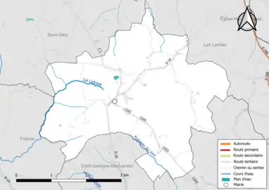 Carte en couleur présentant le réseau hydrographique de la commune