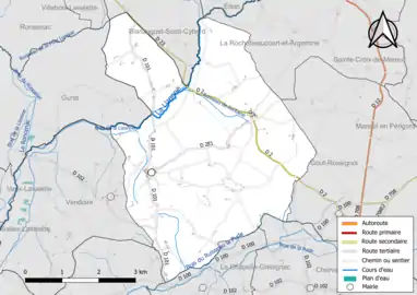 Carte en couleur présentant le réseau hydrographique de la commune
