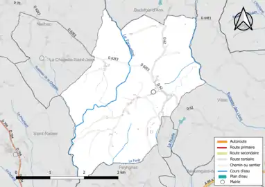 Carte en couleur présentant le réseau hydrographique de la commune