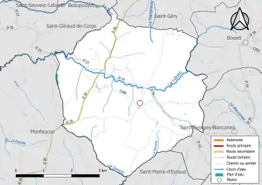 Carte en couleur présentant le réseau hydrographique de la commune