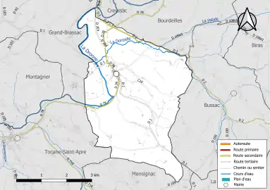 Carte en couleur présentant le réseau hydrographique de la commune