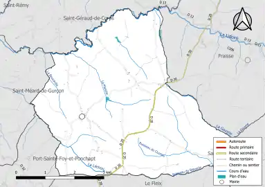 Carte en couleur présentant le réseau hydrographique de la commune