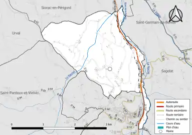 Carte en couleur présentant le réseau hydrographique de la commune