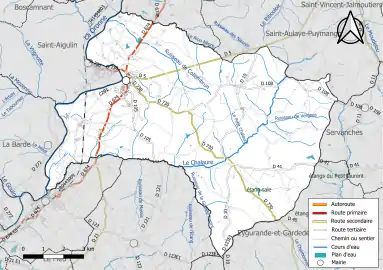 Carte en couleur présentant le réseau hydrographique de la commune