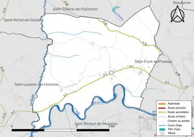 Carte en couleur présentant le réseau hydrographique de la commune